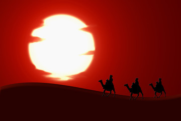 Reyes Magos, cielo rojo, Sol, Navidad, siluetas