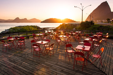 Cafe Tables and Chairs by Sunrise in Rio de Janeiro