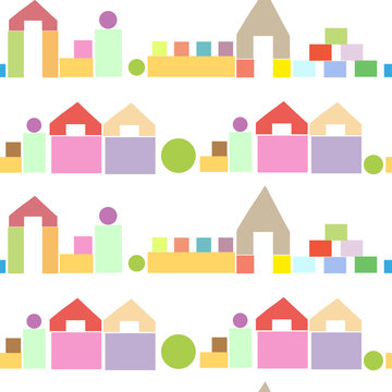 Colorful houses from wooden building blocks seamless pattern