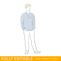 Young man is standing, hands in pockets. Office life. Sketch lineart illustration of character. Fully editable outlines, saved brushes and layers.