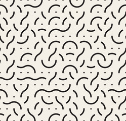 Vector Seamless Black and White Rounded Lines Memphis Style Jumble Pattern