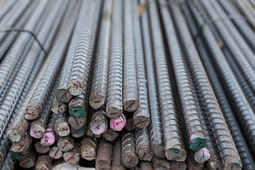 Selective focus Steel bars at construction site