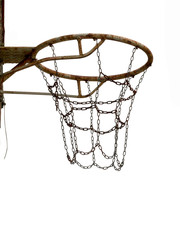 Fototapeta na wymiar Rusty old basket, for netball,basketball. Sport. Redundant facilities