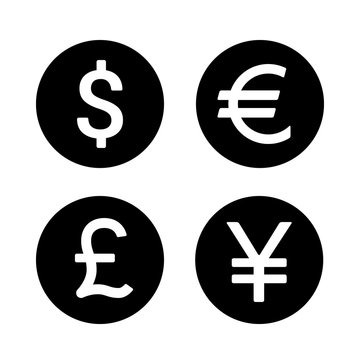 Dollar, Euro, Yen / Yuan and Pound round currency exchange flat icon for apps and websites