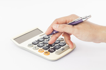 Calculator with hand isolated on white background