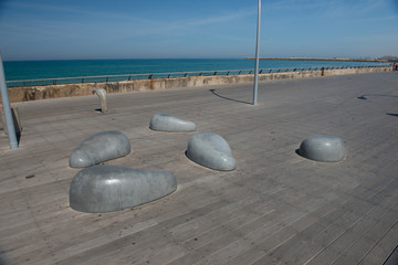 Port Tel Aviv - wooden deck with stone benches