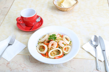 Seafood spaghetti prawn squi