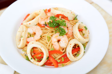 Seafood spaghetti prawn squid