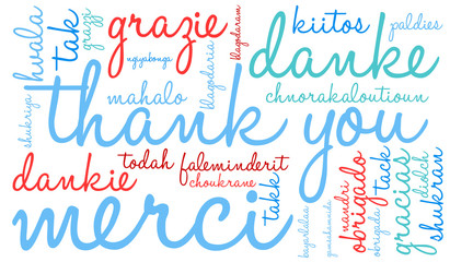 International Thank You word cloud on a white background. Each word used in this word cloud is another language's version of the word Thank You.