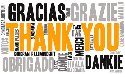 International Thank You word cloud. Each word used in this word cloud is another language's version of the word Thank You.