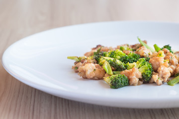 close-up Stir-Fried Broccoli on white dish