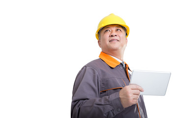 isolated engineer in hardhat with electron tablet