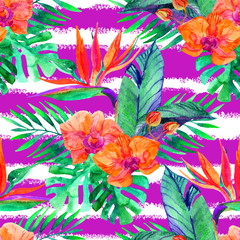 Tropical leaves and flowers. Floral design background.