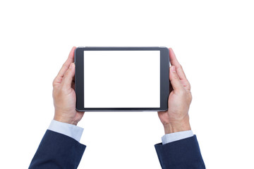 Businessman hands holding blank screen digital tablet isolated o