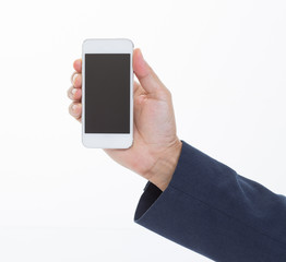 Businessman hand holding smartphone on white background