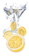 Lemons and water splash. Healthy and tasty food