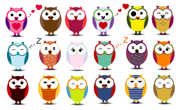 Big set of cartoon owls. EPS 10.