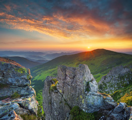 Mountain valley during sundown. Natural summer landscape
