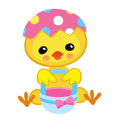 Obraz premium Happy Easter. Cute chick holding a basket.Vector illustration. Isolated on white background.