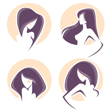 beautiful woman with long hair, vector emblems and logo