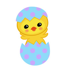 Cute yellow chick hatched from an egg. Happy Easter.Vector illustration. Isolated on white background.