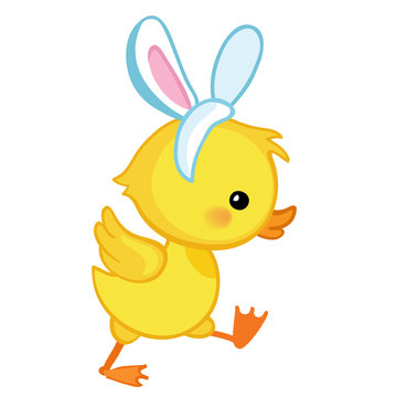 Cute cartoon duckling is depicted in profile.in a rabbit costume Vector illustration. Isolated on white background.