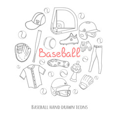 Baseball set background, hand drawn vector illustration of various stylized baseball icons, baseball equipment, baseball icons sketch, baseball field, ball, mitt