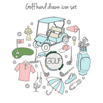 Collection of various stylized hand drawn Golf icons, Golf Equipment vector illustration set, golf clubs, golf course background, doodle elements, golf car, clubs, clothes and shoes, sketch