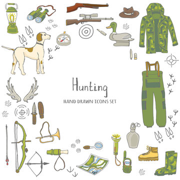 Hand drawn doodle hunting set. Vector illustration. Sketchy hunt related icons, hunting elements, hunting dog, gun, crossbow, hunting wear cloths, boots, plastic sitting duck, binoculars