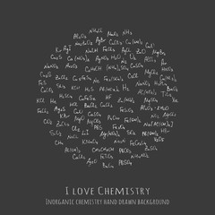Background with handwritten chemical formulas, inorganic molecules - vector illustration, hand drawn chemistry vector pattern with formulas of different molecular combinations, I love Chemistry