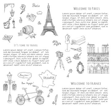 Set of hand drawn French icons, Paris sketch illustration, doodle elements, Isolated national elements made in vector. Travel to France icons for cards and web pages, Paris symbols collection