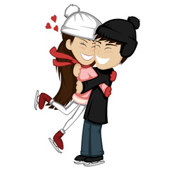 Winter hugs - A lovely ice skater couple is embracing and smiling (a brunette girl and boy).