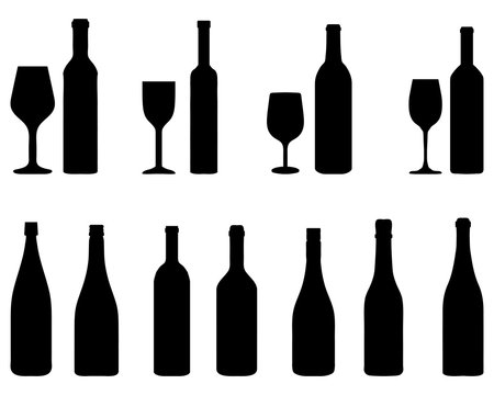 Black silhouettes of glasses and bottles, vector