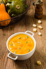 soup, cream of pumpkin served with roasted seeds and croutons.