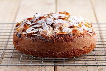 Fresh baked apple cake on wood background.