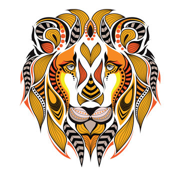Patterned colored head of a lion. African / indian / totem / tattoo design. It may be used for design of a t-shirt, bag, postcard and poster.