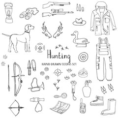 Hand drawn doodle hunting set wood texture, Vector illustration. Sketchy hunt related icons, hunting elements, hunting dog, gun, crossbow, hunting wear cloths, boots, plastic sitting duck, binoculars