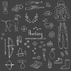 Hand drawn doodle hunting set wood texture, Vector illustration. Sketchy hunt related icons, hunting elements, hunting dog, gun, crossbow, hunting wear cloths, boots, plastic sitting duck, binoculars
