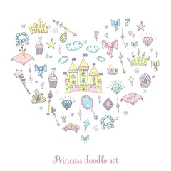 Hand-Drawn Vintage Princess Girl Set, Doodle Design Elements, Sketchy Fairy Tale Princess Tiara Crown Notebook, Vector Illustration, for design and scrapbook, castle, diamond, fairy mirror, magic wand