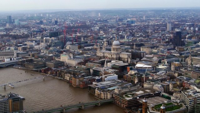 Aerieal view of the City of London and the river Thames around St Paul Cathedral