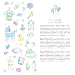 Set of baby shower design vector illustration icons, hand drawn baby care elements, Baby boy shower design icons, children's boy clothing, toy, bib, nappy, carriage, socks, bottle, baby foot print