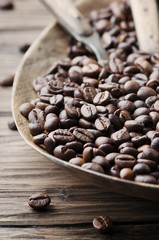 Raw coffee beans on the wooden table