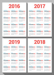 Set of Calendars for 2016, 2017, 2018, 2019 Years on White Background. Week Starts Monday. Vector Design Print Template