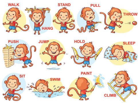 Verbs of action in pictures, cute monkey character, colorful cartoon