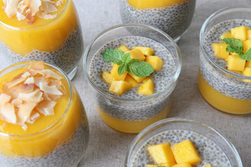 Homemade Chia seed pudding with mango, selective focus, toning