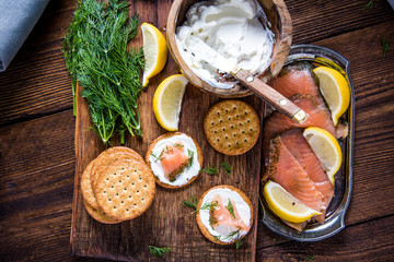 Oat crackers with smoked salmon and cottage cheese