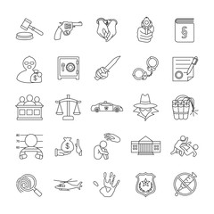 Crimes and Justice outlines vector icons