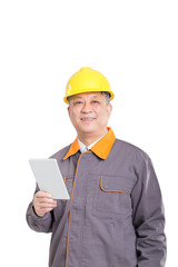 isolated engineer in hardhat with blueprint and tablet