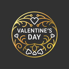 Golden Decorative Floral Frame on Black Background. Happy Valentines Day Celebration. Vector Design Element for Greeting Card