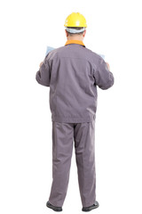 isolated engineer holding blueprint